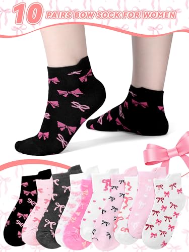 Shihanee 10 Pairs Coquette Bow Socks for Women, Pink Cotton Crew