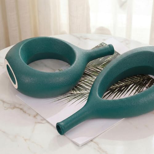 Green Ceramic Hollow Elliptical Vase Set of 2 - Boho Circle Vase with Hole, for Modern Green Table Decor, Living Room Decor Shelf mid Century Modern Home Entrance Decorative vase - color: Green