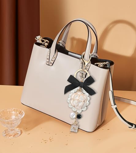 Camellia Flower Purse Charm Keychain with Bow and Pearl Accents - color: Whitee