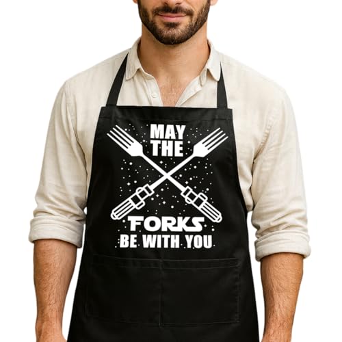 Funny Black Grill Apron with Pockets for Man,Dad,Husband,Father in Law,Chef Daddy Grilling Apron BBQ Cooking Gifts - color: May the Fork Be With You -1