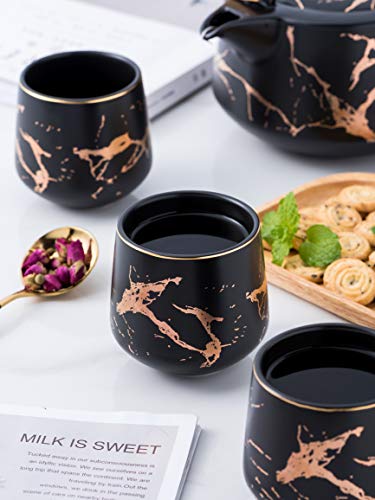 Serve of 4-Marble Porcelain Teapot Set with Infuser for Loose Tea, Black - color: Black