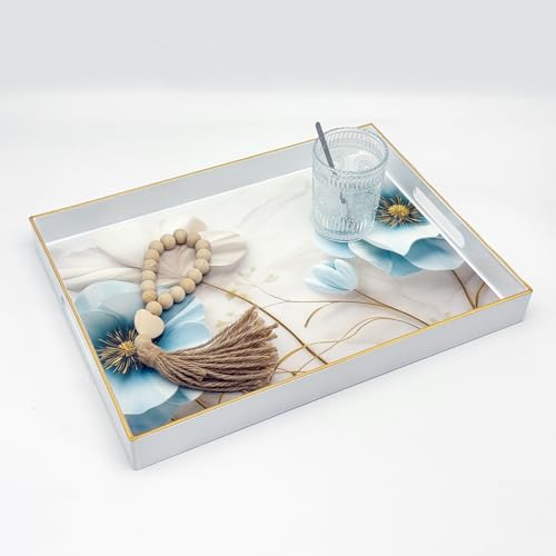 Serving Tray with Handles, 15.7 * 11.8 inches, Plastic Ottoman Tray with Exquisite Paintings, Trays for Coffee Table - color: Blue Flower