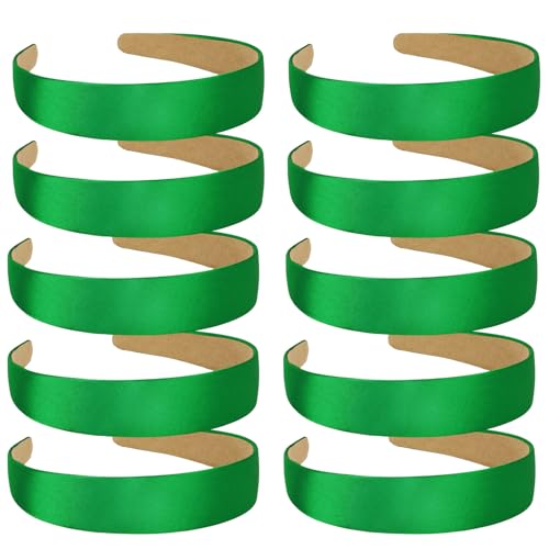 Wecoe 10 Pack Green Headbands 1 Inch Wide Satin Headbands Women Non Slip Fashion Plain Head Bands Solid Hair Bands DIY St. Patrick's Day Hair Accessories for Women Girls Diademas Para Mujer - color: Green