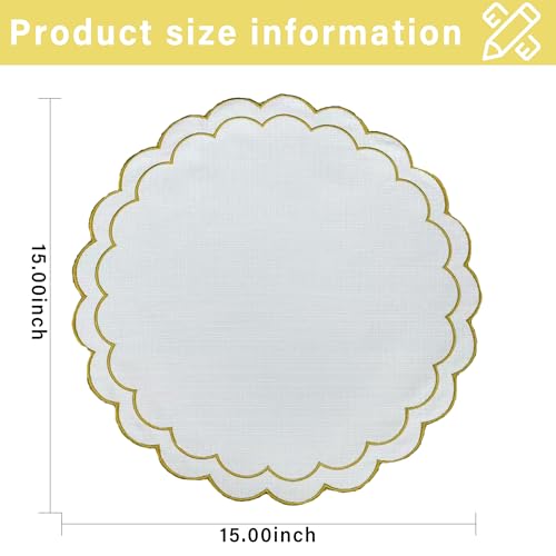 Linen Cotton Placemats Set of 4 Scalloped Flower Embroidery Place Mats 15'' Natural Linen Texture Fabric Machine Washable Table Mats for Restaurant Kitchen,Table Decor(White) - color: White