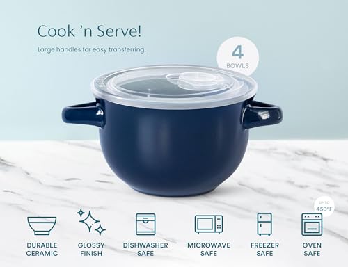 KooK French Onion Soup Crocks with Lids & Handles, Set of 4, Blue - color: Blue