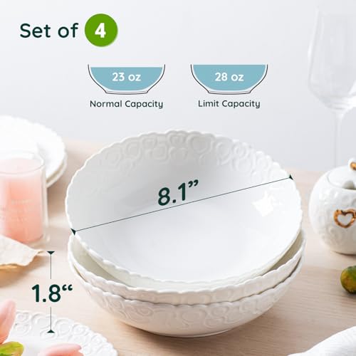 HOMBENE Heartbeat Pasta Bowls Set of 4, 28oz Salad Bowls Soup Bowl for Kitchen, Porcelain Wide and Shallow, Noodle, Soup, Pasta,Dinner, Microwave & Dishwasher Safe (White) - color: White, size: 28oz
