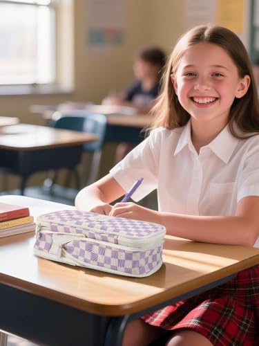 Bigmeta Gingham Expandable Pencil Case for Teens Girls - Purple - color: Purple