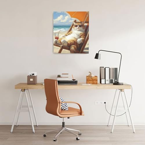 Funny Cat Beach Wall Art Cute Cat Ocean Canvas Wall Decor Coastal Kitten Pictures Paintings Prints Seaside Artwork Framed Seascape Decorations For Bathroom Bedroom Living Room Office Gifts 20" x 24" - color: Beach Cat, size: 24"L x 20"W