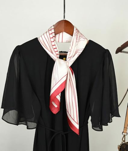 corciova Women’s Square Scarf 27.5 in (70 x 70 cm), Satin-Feel Polyester, Lightweight Fashion Scarf for Hair, Neck and Bag - color: Floral & Stripe (Ivory / Red)