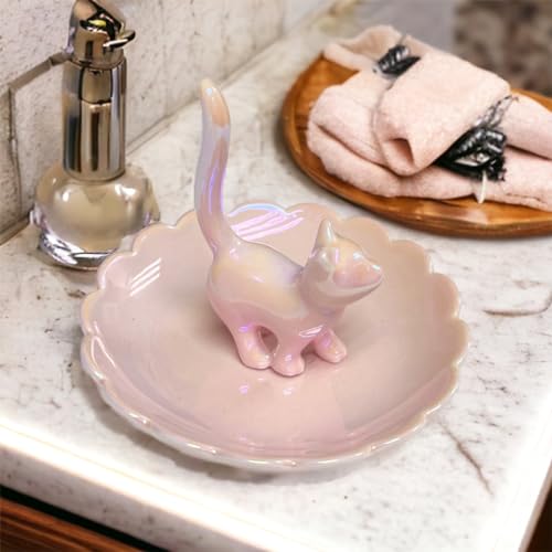 ROSA&ROSE Cat Ring Holder Trinket Tray Ceramic Jewelry Dish Decorative Ring Holder/Trinket Tray Engagement Wedding Birthday Gifts for Women Her(Pink) - color: Pink