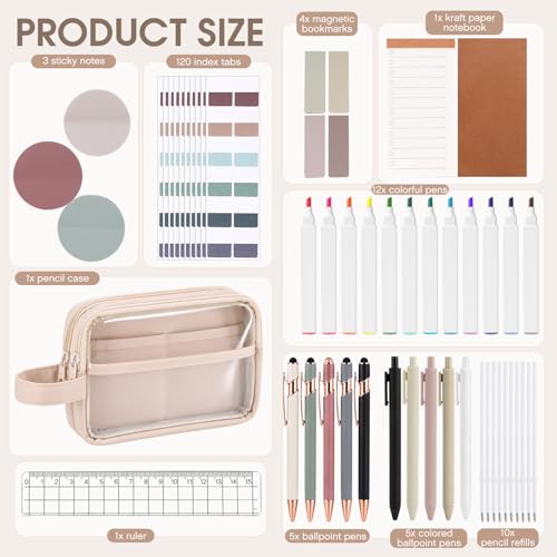 Crtiin 52 Pcs Aesthetic Pencil Pouch Set with Pen Highlighters, Beige - color: Beige