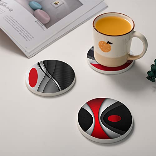 HUXJOKO Coasters for Drinks Set of 6,Modern Red Black Geometric Absorbent Ceramic Coaster,Round Stone Mat,with Cork Base and Metal Holder for Coffee Table Room Bar Home Decor Housewarming Gifts - color: Red Black Geometric, size: Round
