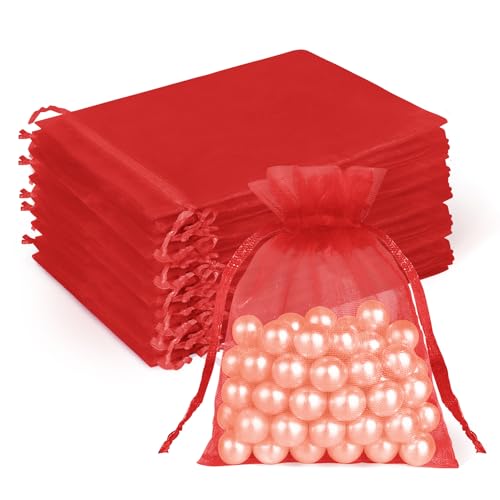 Crweety 50 Pcs Organza Bags 3x4, Red Small Mesh Gift Bags Drawstring Bulk - color: Red
