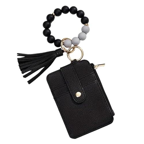Boho Beaded Wallet Wristlet Keychain Card Holder Tassel Purse - color: A2:black