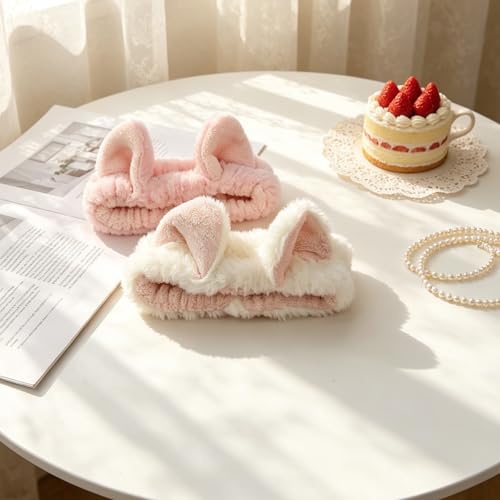 PERFECTSIGHT Kawaii Headband for Spa, Makeup, Washing Face, Party - 2 Pack Cute Hair Band for Shower Beauty Skincare, Soft Facial Headbands for Girls and Women, Cat Ear - color: White+Pink Ear