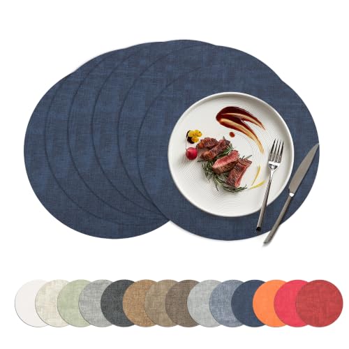 Placemats Set of 6, 15 Inch Round Faux Leather Place Mats - color: R-navy Blue