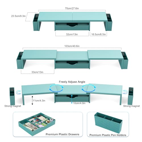 Spacrea Dual Monitor Stand Riser with Drawer and 2 Pen Holders - color: Blue