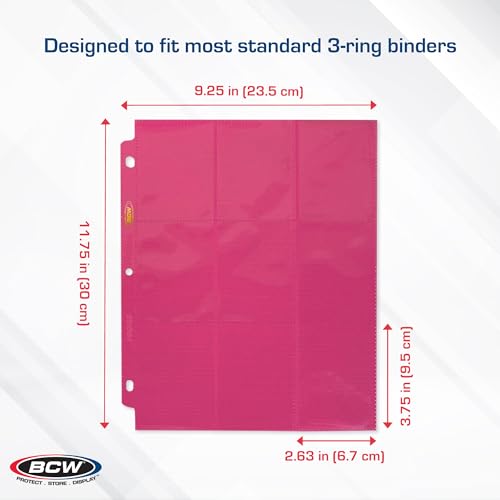 BCW Double-Sided 9-Pocket Pages Holder - 10 Pink Pages | Trading Card Binder Sheets | Secure Side Loading | Ideal Card Storage and Display Solution - color: Pink