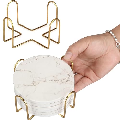 4inch Round White Marble Coaster with Gold Storage Rack 6pcs - color: White Coasters