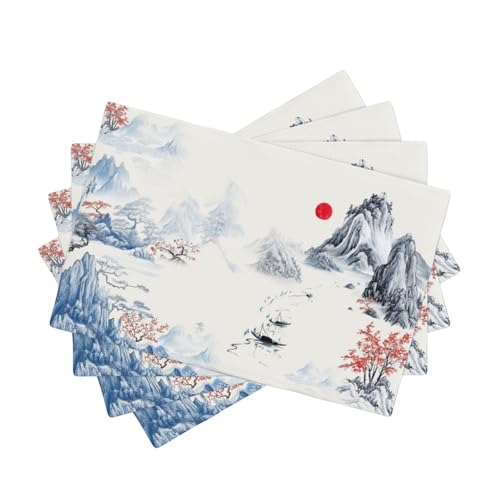 Asian Landscape Placemats Set of 4, Linen Washable Table Mats 12 x 18 Inch, Ink Mountain Red Sun Place Mats for Dining Table Kitchen Zen Japanese Style Decor - color: Asian Landscape, size: 12x18"Placemats x4