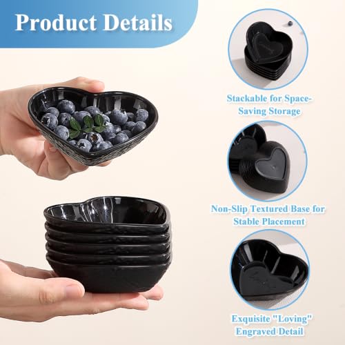 HOMQUEN Dipping Bowls, 3oz Soy Sauce Dish, Pturdy Plastic Small Bowls Set of 6, Black Love Heart Mini Appetizer Plates for Sauce, Soy Sauce, Condiment, Side Dishes, Sushi, Ketchup, BBQ Party - color: Black