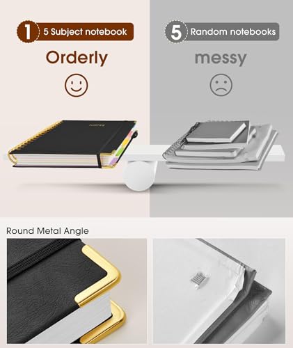 Hardcover Spiral Notebook 8.5"x11" Journal with Removable Dividers Tabs, 300 Pages Leather 5 Subject Notebook College Ruled, Large A4 Notebooks for Work School, Lined Journal for Women, A4 Black - color: Black, size: 8.5"x11"