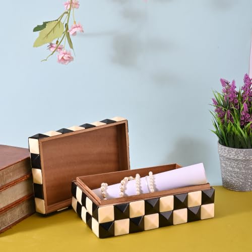 Perilla Home Decorative Storage Box – 8" x 5" x 3" – Black & White MDF with Madison Resin Finish – Large Wooden Keepsake Chest for Home Organization & Decor - color: Black and white