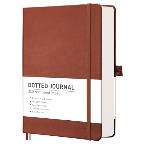 RETTACY Dotted Journal Notebook, 320 Numbered Pages, A5 (5.7'' × 8.3'') - color: Brown
