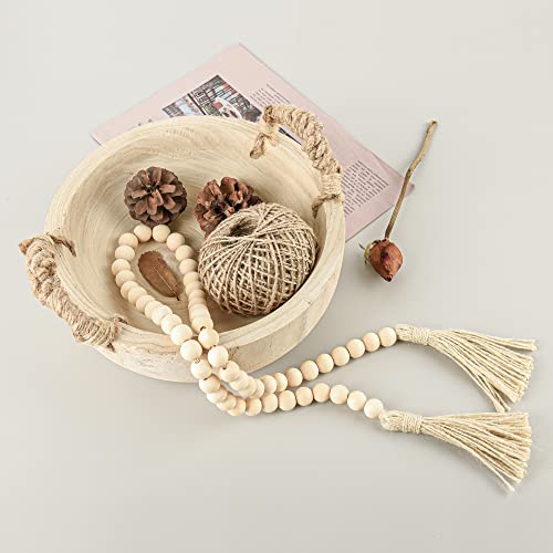 Paulownia Wood Bowl Rustic Wooden Dough Decorative Round Serving Key Bowl with Rope Handle and Wood Bead Garland for Christmas Tabletop Centerpiece Home Decor 9.5 inches