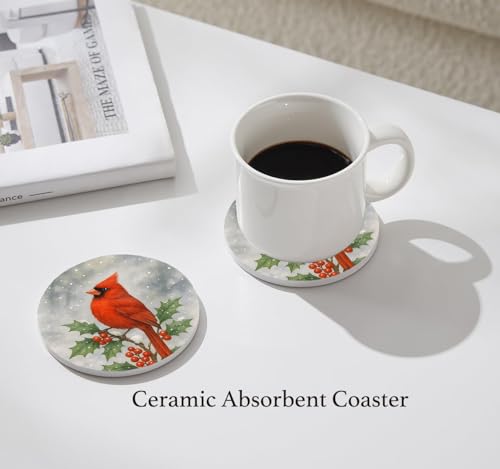 Nikyi 6 Pcs Cardinal Christmas Winter Red Bird Ceramic Absorbent Coasters, Round Drink Coaster with Metal Holder and Cork Base, for Coffee Table Kitchen Bedroom Living Office Desk Home Decor Or Gifts - color: Cardinal Christmas Winter Red Bird