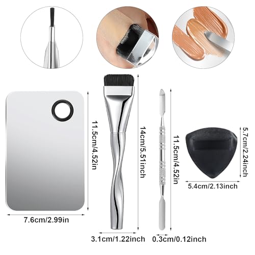 4 Pcs Makeup Mixing Palette with Flat Foundation Brush Dual-Head Make Up Spatula Triangle Powder Puffs, Foundation Palette for Women Girl Korean Facial Cosmetic, Nail Art, Pigment Blending