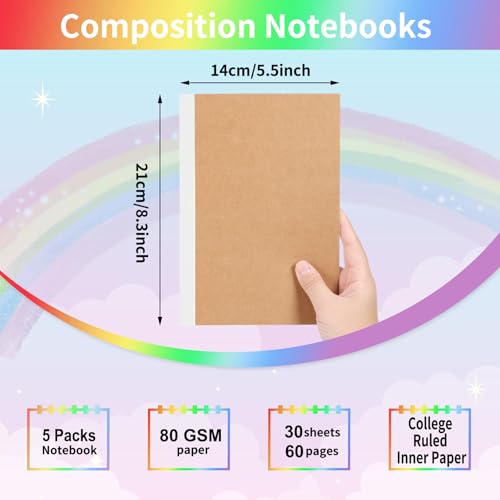 EOOUT 5 Pack A5 Composition Notebook, Kraft Lined Journal Bulk with Pink Spine, 5 Colors, 60 Pages for Women Girls Kids, School Office Supplies - color: Pink, style: Lined-5pack