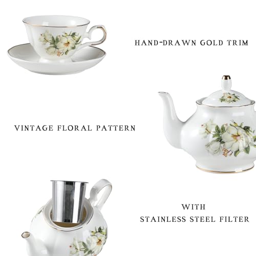 Sweejar Porcelain Tea Set Vintage Floral, British Relief Gold Rim Teapot Cup and Saucer Sets, 22-Piece Tea Sets for Adults, with Teapot, Sugar Bowl, Milk Jug, Spoons, Cup and Saucer (Camellia) - color: Camellia