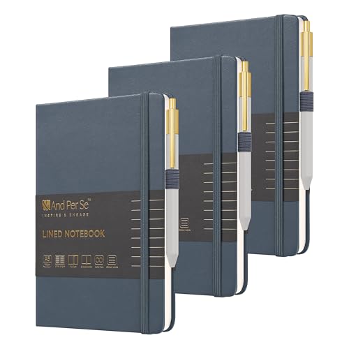 &And Per Se Lined Journal and Pen Set (3 Packs), A5 Leather Hardcover Notebook with Pen & Stationary Set, 160 Pages 100GSM Thick Ruled Paper Journal for Business Work Writing (Dark Blue) - color: Dark Blue
