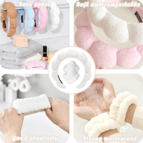 Spa Headbands for Washing Face Wristband Set Sponge Makeup Skincare Headband Wrist Towels Bubble Soft Terry Towel Cloth Hairband for Women Puffy Headwear Non Slip Thick Thin Hair Headwear (White) - color: White