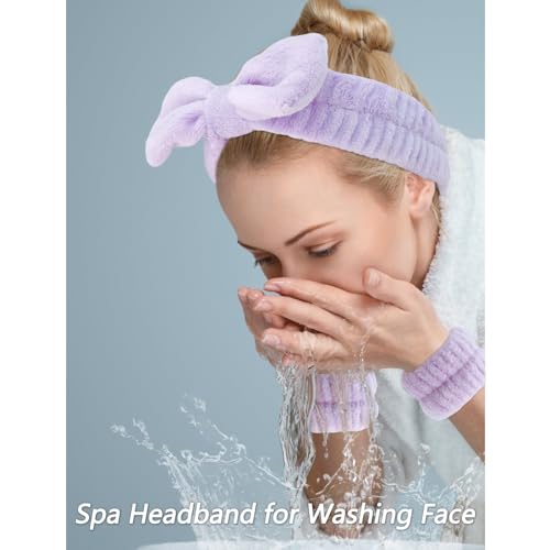 VELSCRUN Spa Headbands for Wash Face, Makeup Headband, Facial Skincare Headbands, 5 Pcs Purple Puffy Sponge Spa Headband Bow Tie Hair Band Hair Clips Wristband Set Women Girls Accessories - color: Purple