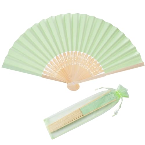 50pcs Paper Hand Fan with Organza Bags Bamboo Handheld Folding Fan DIY Decorative Wedding Party Favors (Light Green) - color: Light Green