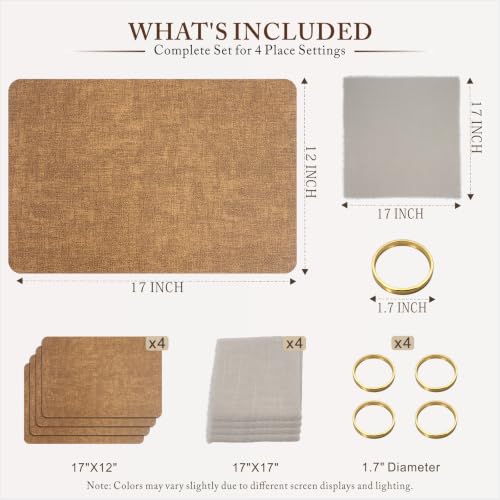 Placemats Set of 4 with Napkins and Rings - Washable Faux Leather Table Mat - color: Brown, size: Placemats Set of 4