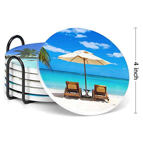Coasters for Drinks, Set of 6 Cute Absorbent Ceramic Drink Coasters - color: Happy Beach