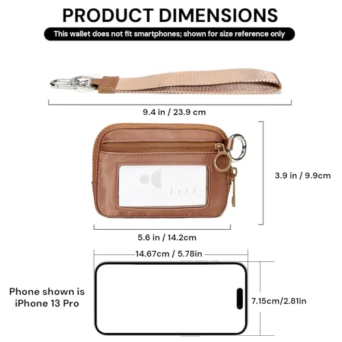 Keychain Wallet for Women with Clear ID Window, Coin Pouch and Wrist Strap - color: Light Brown