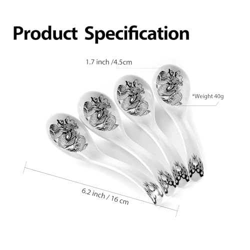 Hagary Ceramic Spoon Soup Spoons Asian Soup Spoon Chinese Korean Japanese Ramen Spoons Set of 4 with Hole 6.2 Inch (Black - Dragon New) - color: Black - Dragon New