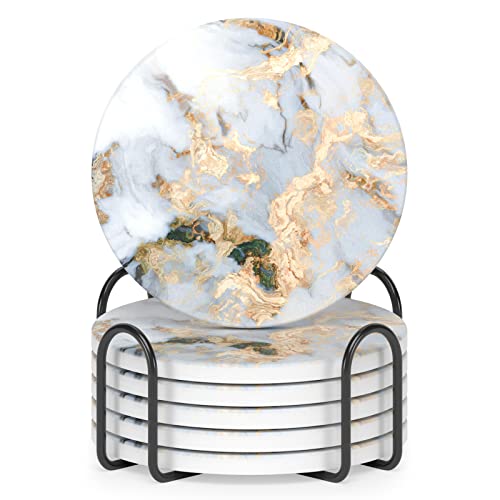 Nipichsha Coasters for Drinks, Set of 6 Cute Absorbent Ceramic Drink Coasters for Cup with Holder and Cork Base, Kitchen Home Decor Housewarming Gift, Round 4 in, White Gray Gold - color: White Gray Gold Marble