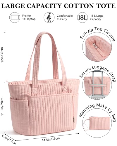 Bagstellar Quilted Tote Bag for Women Teacher Nurse Cotton Laptop Work Tote - color: Pink