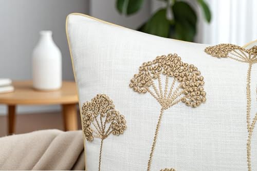 Rudransha Hand Embroidered Wildflower Throw Pillow Cover - 18x18 Inch Ivory Cotton - Blooming - color: Blooming-ivory, size: 18" x 18" (Pack of 1)