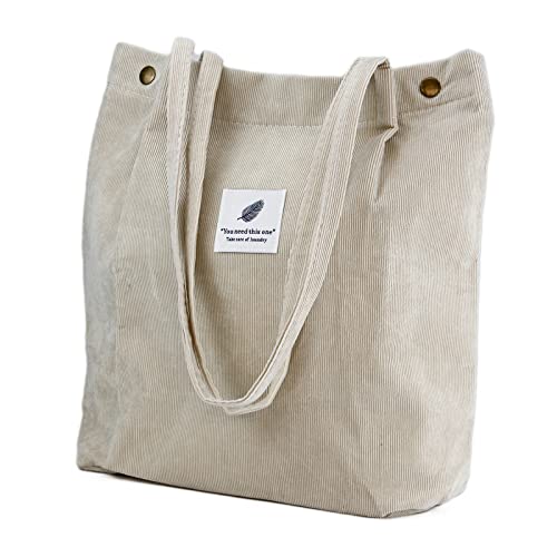 Corduroy Tote Bag Cute Tote Bags for Women Shoulder Bag with Inner Pocket for Work Beach Travel and Shopping Grocery - style: Beige