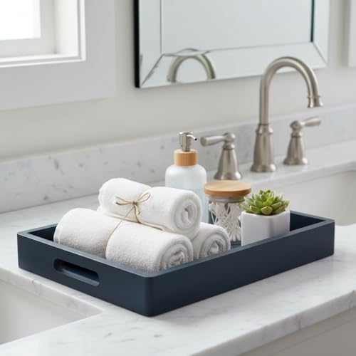DD DEFINED DECO Coffee Table Tray, Blue Wood Serving Tray with Handles for Food & Drinks, Coffee Table, Ottoman, Breakfast in Bed, Deep Blue(15.75''*10'')