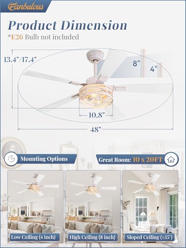 Fanbulous Farmhouse Ceiling Fans with Light & Remote, 48" Caged, 6-Speed - color: White and Gold, size: 48 Inch
