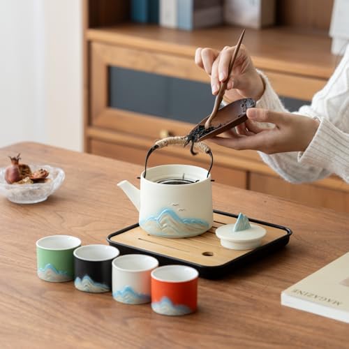 Chinese Tea Set – White Porcelain Gongfu Teapot with 4 Colors Cups & Tea Tray & Tea Strainer, Travel Tea Set with Carrying Case for Tea Ceremony, Daily Tea Ritual, Asian Style Gift - color: White Teapot & 4-Color Teacups