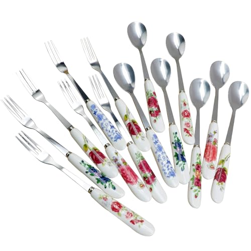14Pcs Stainless Steel Spoons and Forks, IEMIEBSHA Floral Coffee Dessert Ice Cream Spoons with Ceramics Handle, Small Tableware Set Kitchen Set for Tea Party Coffee Bar Home Supplies