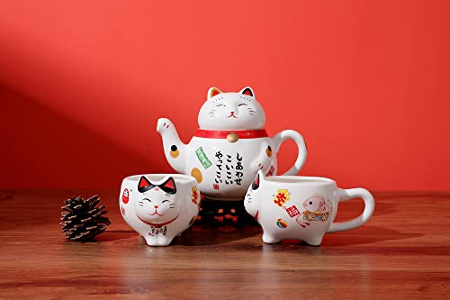 Japanese Lucky Cat Tea Set Ceramic Maneki Neko Teapot 2 Cups Red Scarf Gift